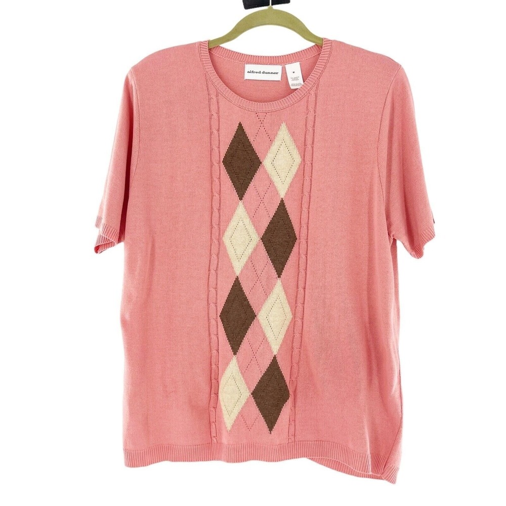 Alfred Dunner Pink Argyle Cable Knit Sweater M Granny Retro Old Money‎ Coastal